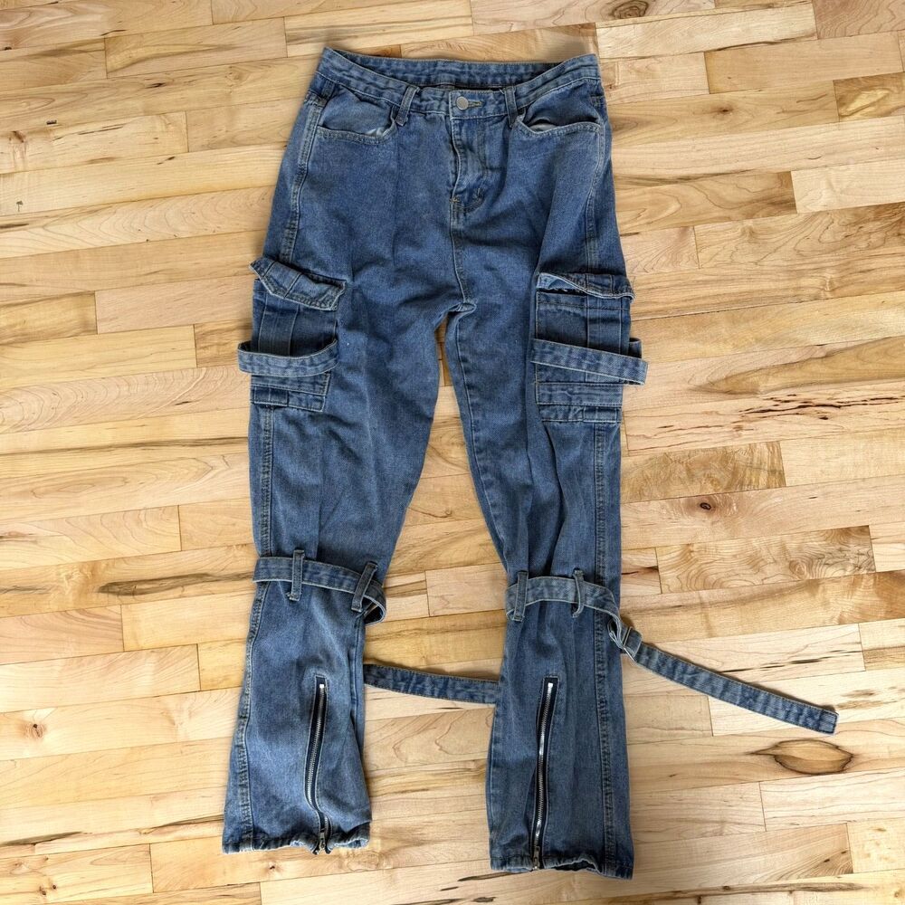 Utility Grunge Blue Denim Cargo Strap Zip Leg Jeans Pants